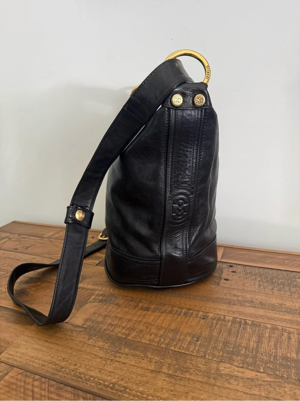 Marino Orlandi Black Leather Sling Bag Bucket Hobo with Gold Accents